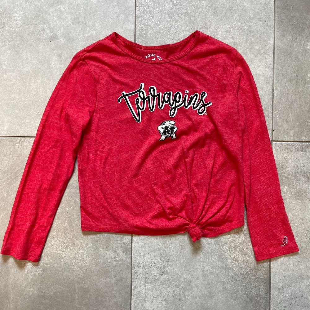 League Kids Pullover Crew Neck Long Sleeve Tie Knot Hem Tee Shirt Red Medium